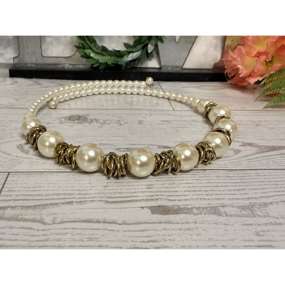 Faux Pearl Choker Necklace Bridal‎ Head Piece Antique Gold Tone Vintage One Size - Picture 12 of 16